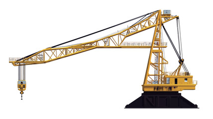 The image shows a detailed illustration of a yellow port crane against a plain white background. The crane is depicted in a three-quarter view, showcasing its structure, including the boom