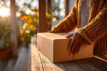 Change a woman sealing a shifting box on a bright porch showing life transitions perfect for ads.