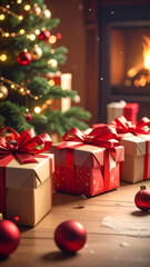 Wrapped holiday presents under a Christmas tree by a fireplace