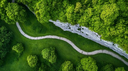 Aerial View of Winding Path Through Lush Green Park