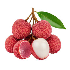Vibrant cluster of fresh lychee fruits with green leaves and one peeled showing white pulp transparent background