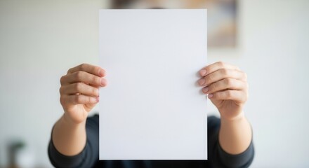 A persons hands hold up a blank white sheet of paper obscuring their face against a softly blurred indoor background