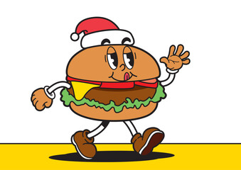 Cartoon burger character wearing Santa hat walking on yellow ground. Christmas food concept