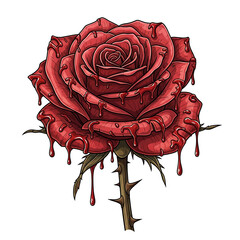 A captivating red rose with dripping blood, isolated on white background, a symbol of love and pain