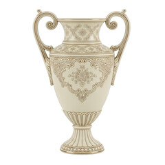 Ornate golden and cream ceramic vase with intricate decorative patterns and handles transparent background