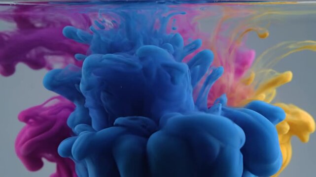 Colorful ink plumes swirling gracefully in clear water, creating vibrant abstract patterns and a mesmerizing display of fluid dynamics, showcasing beauty and artistry.