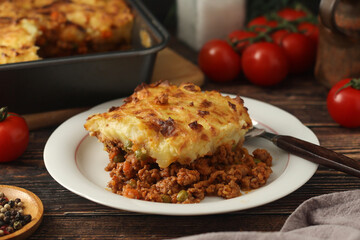 A shepherd's pie, freshly backed and ready to be served. Traditional English dish	