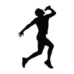 Silhouette of a runner taking a drink from a water bottle while running. This image captures the moment of hydration and refreshment, symbolizing energy, and endurance