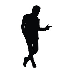 A confident man in a suit standing with one hand in his pocket and the other pointing forward, captured in a black silhouette. This image conveys a sense of direction, leadership, and a clear message.