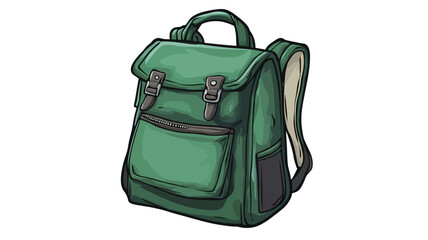 Naklejka premium A digital illustration of a green backpack. The backpack is depicted in a cartoon style with visible stitching details and a flap closure with buckles. It features a smaller front pocket and