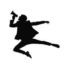 A dynamic silhouette of a man jumping in mid-air while shouting into a megaphone. This image conveys a sense of strong public communication, protest, announcement, or enthusiastic promotion.