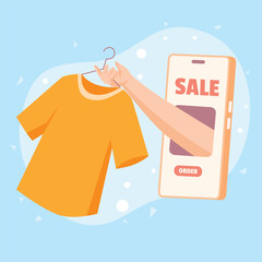 A hand emerges from a smartphone screen to hold a t-shirt on a hanger. This flat design illustration visualizes online shopping, e-commerce, and mobile sales in a modern and engaging way.