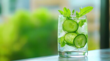 A refreshing cucumber and mint-infused water, cooling and revitalizing