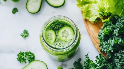 Obraz premium A refreshing green detox juice in a glass jar, surrounded by fresh kale and cucumbers