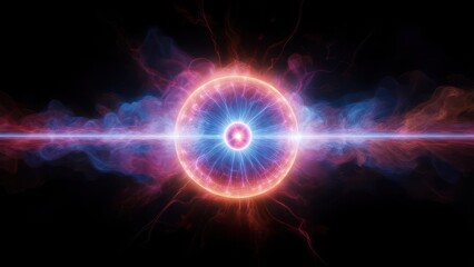 Obraz premium An abstract depiction of energy, a glowing orb at the center, radiating light and color in swirling, ethereal patterns against a dark background, resembling a cosmic event or atomic reaction