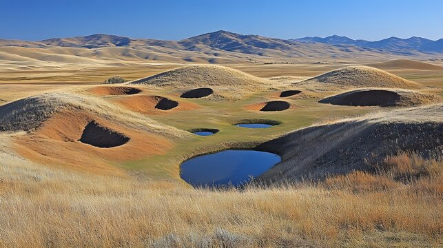 Mima Mounds landscape with blue sky and distant mountains view photo