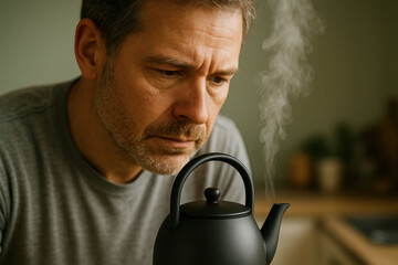 Middle aged man contemplating while watching steam rise from a kettle in a cozy indoor kitchen environment