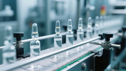 Drug manufacturing process. Glass vials on a production line in a laboratory setting.