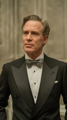 Distinguished mature man in classic black tuxedo and bow tie standing confidently in elegant formal indoor setting