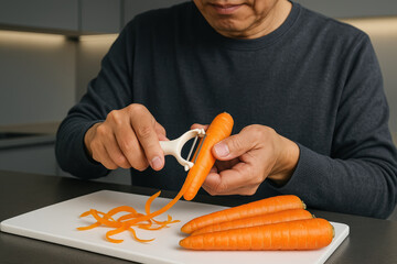 Man peeling fresh carrots on a white cutting board in a modern kitchen with a handheld peeler and vegetable scraps