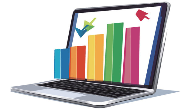 The image shows a silver laptop computer in a three-quarter perspective view.  Its screen displays a vibrant, colorful bar graph illustrating upward growth.  The bars are various shades of blue,
