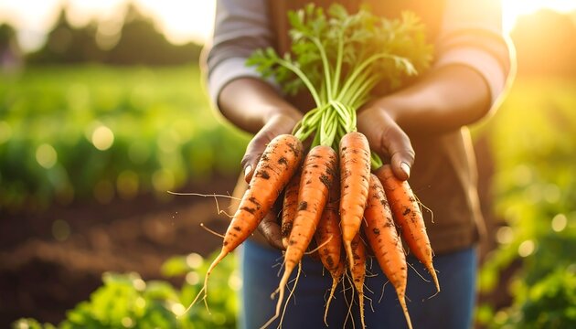 Fresh carrots held by hands in a field - Powered by Adobe