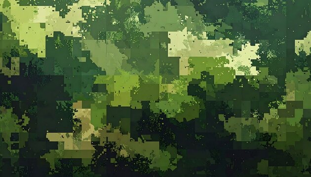 A digital camouflage pattern, comprised of various shades of green and tan, in a pixelated design, creates a visually engaging and intricate texture.