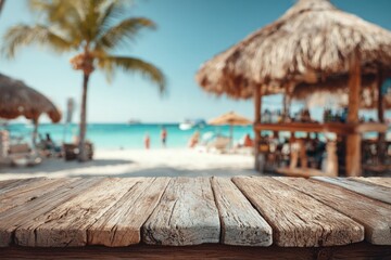 Wooden table in focus, blurred beach scene, thatched hut, palm tree, ocean, sky