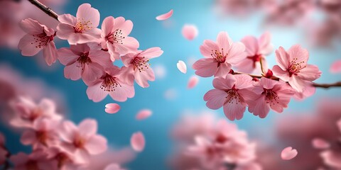 Delicate pink cherry blossoms bloom against a soft blue sky with falling petals pink flowers