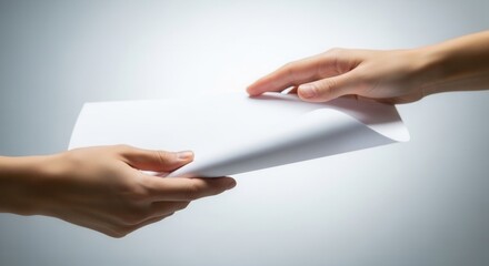 Obraz premium Two hands exchange a white sheet of paper on a plain brightly lit background