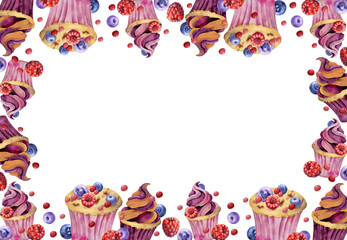 Watercolor cupcake with ripe raspberry, blueberry berries, candy dragee balls icing on souffle swirl. Hand painted isolated border illustration. Menu cards, edible-themed frame outlines, party labels.