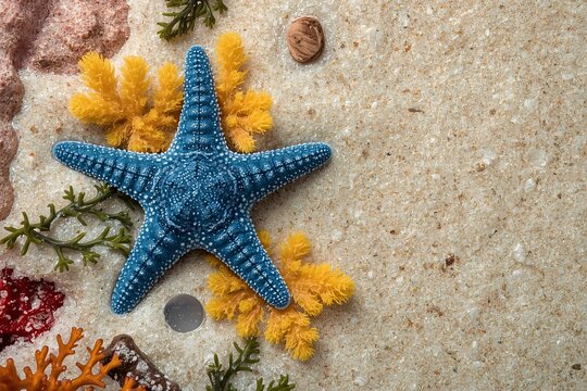 yellow starfish, sea star, coral, red coral, green seaweed, marine plants, algae, sand, seabed, ocean, marine life, sea creatures, underwater flora, reef, tide pool, mollusk, crustacean, seashell, ane