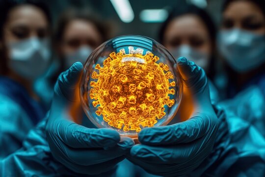Futuristic laboratory scene where gloved scientist holds transparent sphere containing glowing virus model while masked colleagues observe advanced biotechnology research - Powered by Adobe