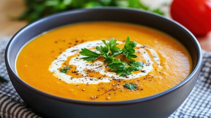 A warm lentil soup with a swirl of coconut cream, healthy and hearty