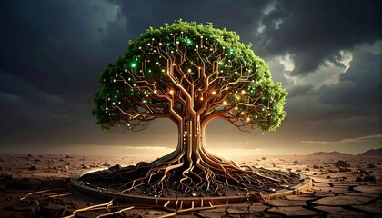 Glowing tree with circuit roots against stormy sky. Suitable for tech or environmental concepts in graphic design projects.