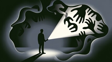 Unveiling the Shadows: A lone figure confronts inner turmoil, casting a light upon the shadowy forms, symbolizing the battle with internal demons.