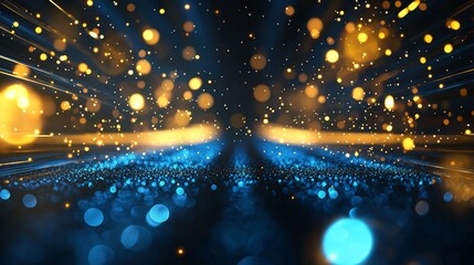 Dark corridor with blue light neon and gold rays effects with bokeh decorations on black background.