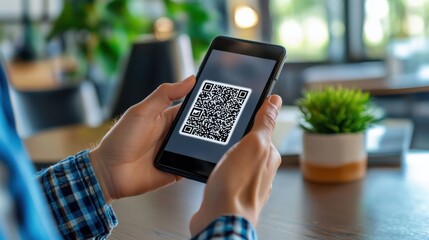 Customer scanning a QR code for a digital review system, enhancing business credibility through user engagement, high-resolution stock image