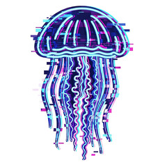 A vibrant neon jellyfish with glitch effect isolated on white background, a modern and eyecatching design