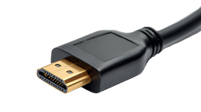 Cavo HDMI nero con connettori dorati, ideale per collegamenti audio e video di alta qualit&agrave;. Sfondo bianco trasparente