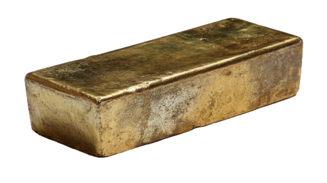Lingotto d'oro su sfondo bianco trasparente. E' un blocco di forma rettangolare, con superfici lisce e segni di ossidazione che gli conferiscono un aspetto realistico e grezzo.