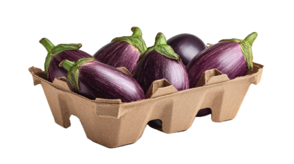 Confezione in cartone contenente melanzane viola, che trasmette un messaggio di eco-compatibilità e cura per il dettaglio, valorizzando i prodotti naturali. Sfondo trasparente