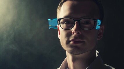 Futuristic man wearing smart glasses with digital interface reflections, artificial intelligence concept, augmented reality technology, cyber innovation, modern tech vision, digital future scene - Powered by Adobe