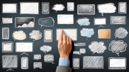 Digital Communication Concepts With Hand Touching a Blank Screen Among Various Sketch-Style Devices on a Chalkboard Background