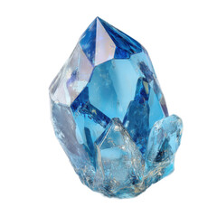 A blue crystal is sitting on a white background
