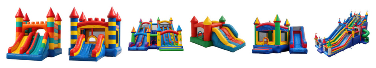 Inflatable bounce house set including colorful castles, slides, and combo units isolated. Children's party and event entertainment.