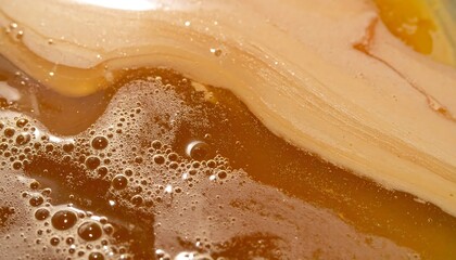 Surface of kombucha with bubbles and a scoby. Suitable for health, fermentation, drink, probiotics, homemade, gut health, and organic concepts.