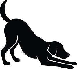 vector silhouette, play-bow dog, side view, solid black