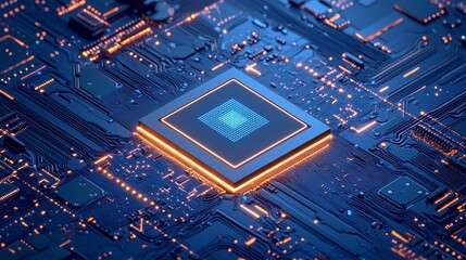 Isometric AI chip hologram in the center of circuit board.