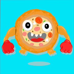 Vector icon of a funny pizza bread monster with expressive face and red boxing gloves. Cute cartoon character perfect for logo, sticker, game asset, mobile app, esport mascot, and digital design.